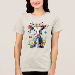 Camiseta Triblenda Vaca De Bebé Negra Y Blanca Con Flor