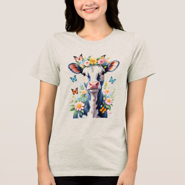 Camiseta Triblenda Vaca De Bebé Negra Y Blanca Con Flor (Anverso)
