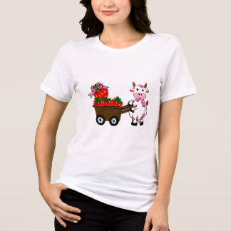 Camiseta Triblenda Vaca Fresa Adorable con Carro de Madera | Kawaii R