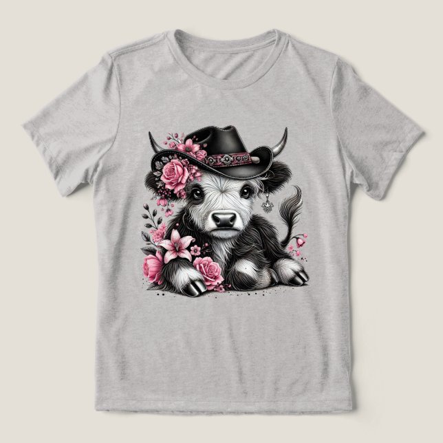Camiseta Triblenda Vaca Highland Con Gorra Floral (Diseño delantero )