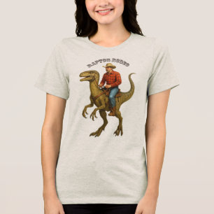 Camiseta Triblenda Vaquero Antiguo Montando un Dinosaurio Velocirapto