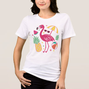 Camiseta Triblenda Verano Tropical Vibrante Flamenco y Playa de Piña
