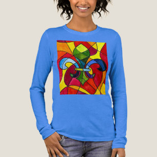 Camiseta Triblenda Vidriera azul elegante Fleur-de-Lis acuarela
