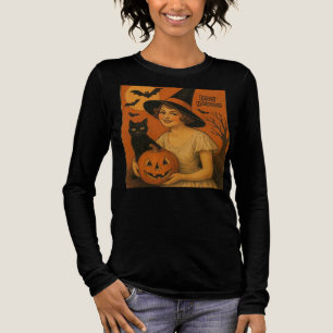 Camiseta Triblenda Vintage/retro Feliz bruja de Halloween, gato, cala