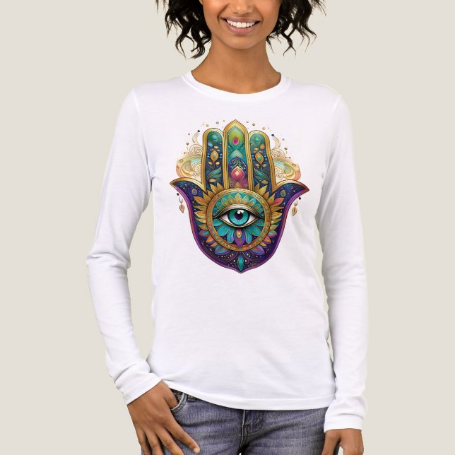 Camiseta Triblenda Violet Green Gold Petals Hamsa Turquoise Third Eye (Anverso)