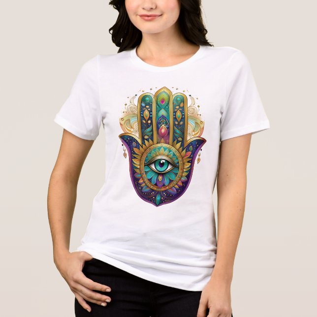 Camiseta Triblenda Violet Green Gold Petals Hamsa Turquoise Third Eye (Anverso)