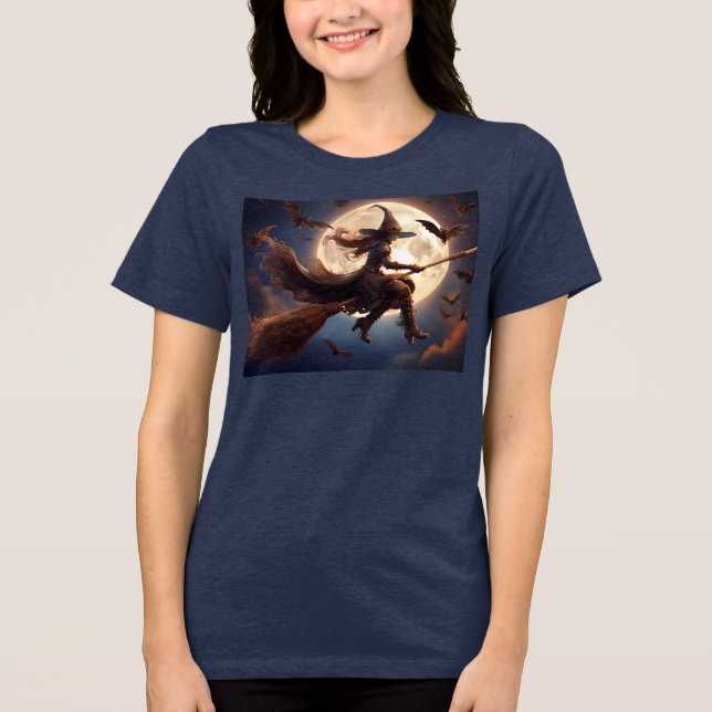 Camiseta Triblenda Vuelo en la luna de bruja de Halloween Steampunk (Anverso)
