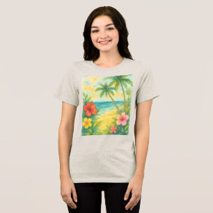 Camiseta Triblenda Watercolor Tropical Beach Landscape Palms