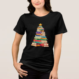 Camiseta Triblenda Whimsical Book Stack Christmas Tree Holiday