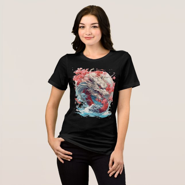 Camiseta Triblenda White Dragon with Waves and Sakura (Anverso Completo)