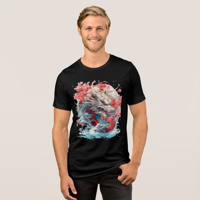 Camiseta Triblenda White Dragon with Waves and Sakura (Anverso Completo)