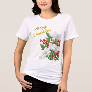 Camiseta Triblenda White Red Green Floral Gold Feliz Navidad