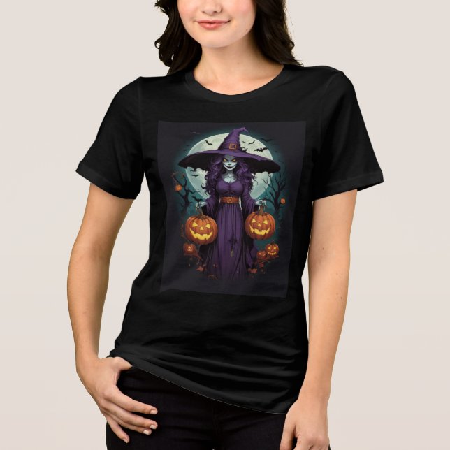 Camiseta Triblenda Witch with Pumpkins & Full Moon Art (Anverso)