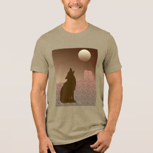 Camiseta Triblenda Wolf Howling en la Luna en Brown y Tan