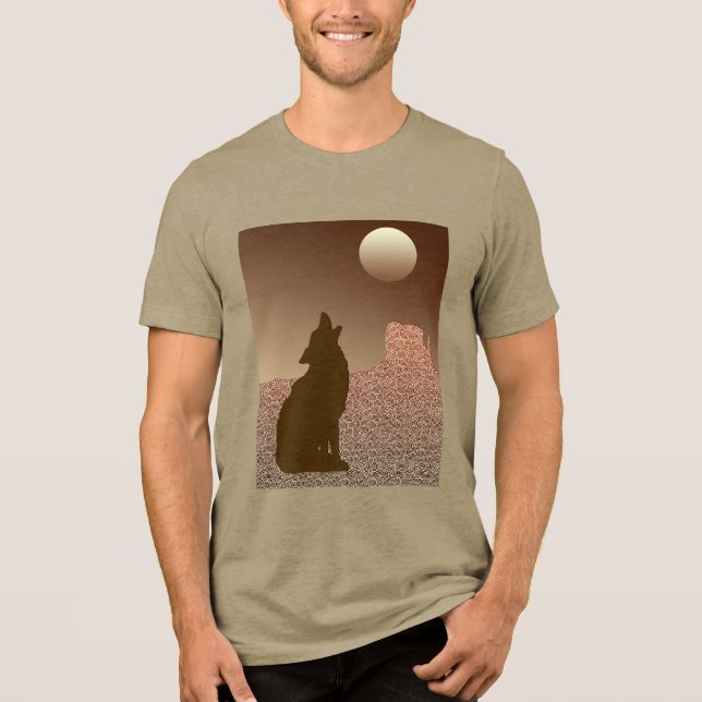 Camiseta Triblenda Wolf Howling en la Luna en Brown y Tan (Anverso)