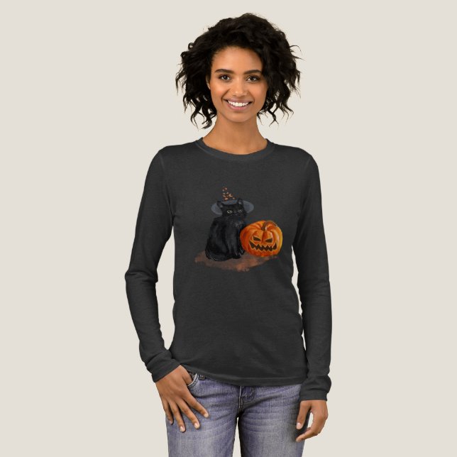 Camiseta Triblenda Women's Black Cat Halloween Long-sleeved Tshirt  (Anverso Completo)