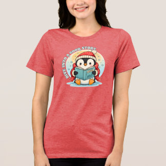 Camiseta Triblenda Women's Red Heather Reading Penguin Tri-blend Tee