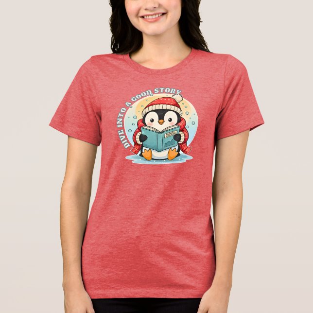 Camiseta Triblenda Women's Red Heather Reading Penguin Tri-blend Tee (Anverso)
