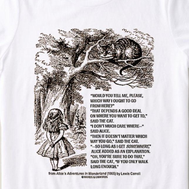 Camiseta Triblenda Wonderland ¿Cómo Debería Ir A Cita? (Wonderland humor tee featuring infamous conversation between Alice & Cheshire Cat)