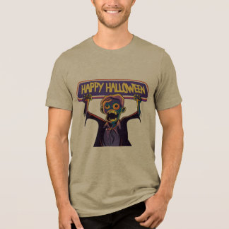 Camiseta Triblenda Zombi Colorido Sosteniendo un Banner Feliz Hallowe