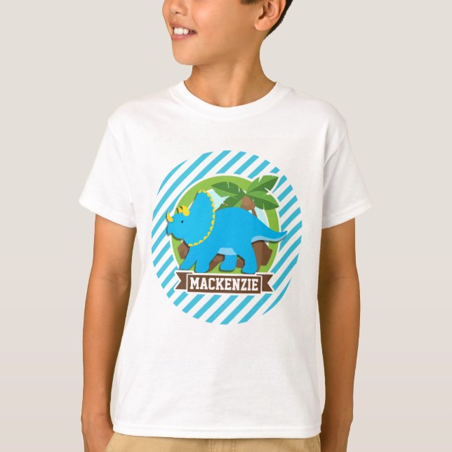 Camiseta Triceratops Dinosaur; Sky Blue & White Strips (Anverso)