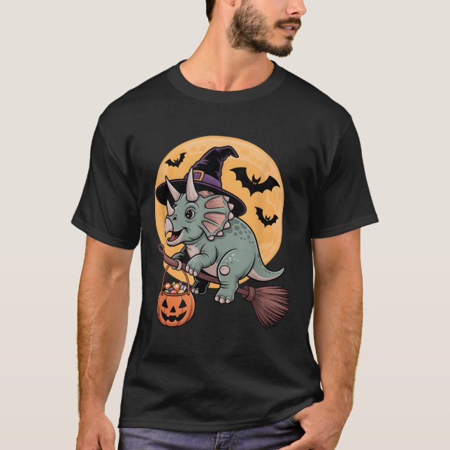 Camiseta Triceratops Gorra de Brujas Calabaza Halloween Ves (Anverso)