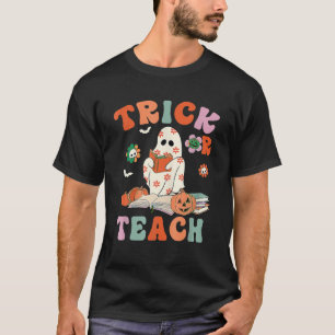 Camiseta Trick Or Teach Retro Groovy Floral Fantasma Maestr