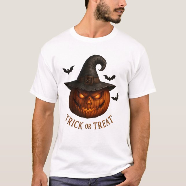 Camiseta Trick or Treat Pumpkin Witch Hat Halloween Design (Anverso)