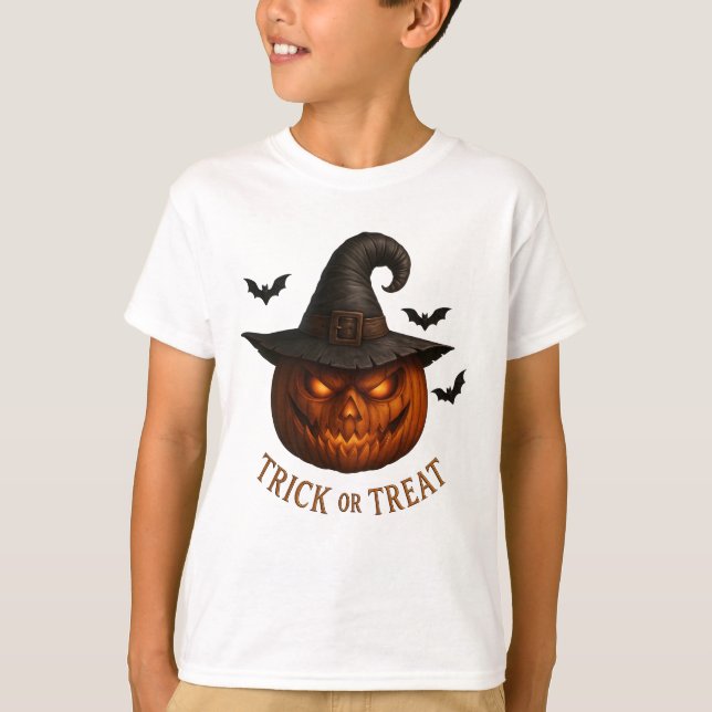 Camiseta Trick or Treat Pumpkin Witch Hat Halloween Design (Anverso)