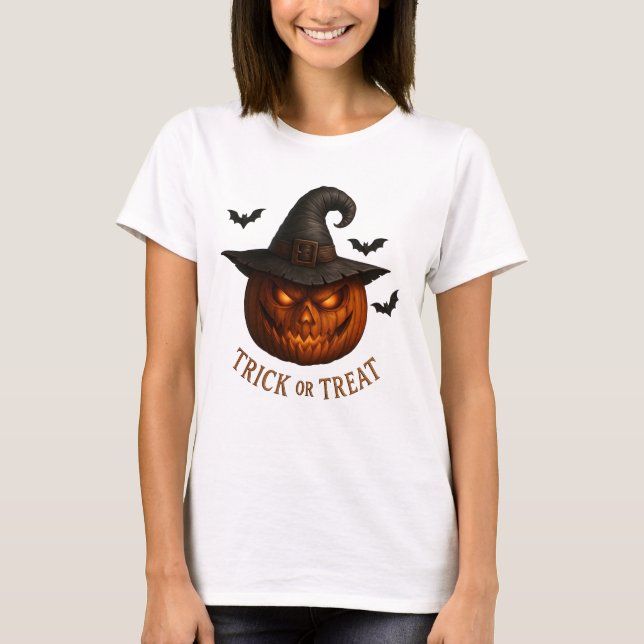 Camiseta Trick or Treat Pumpkin Witch Hat Halloween Design (Anverso)