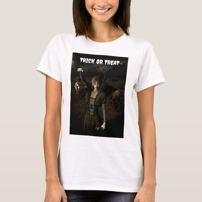 Camiseta Trick or Treat. Thin female carrying lamp (Anverso)