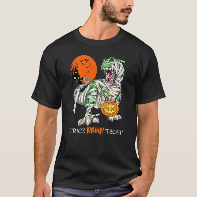 Camiseta Trick Rawr Treat Mummy Dinosaur Rex Halloween Pump (Anverso)