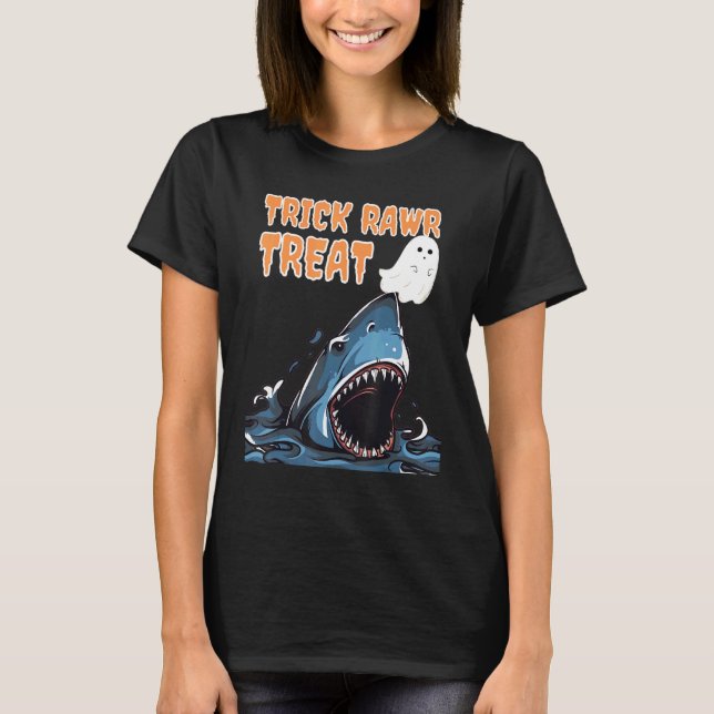 Camiseta Trick Rawr Treat Scary Shark persigue Halloween fa (Anverso)