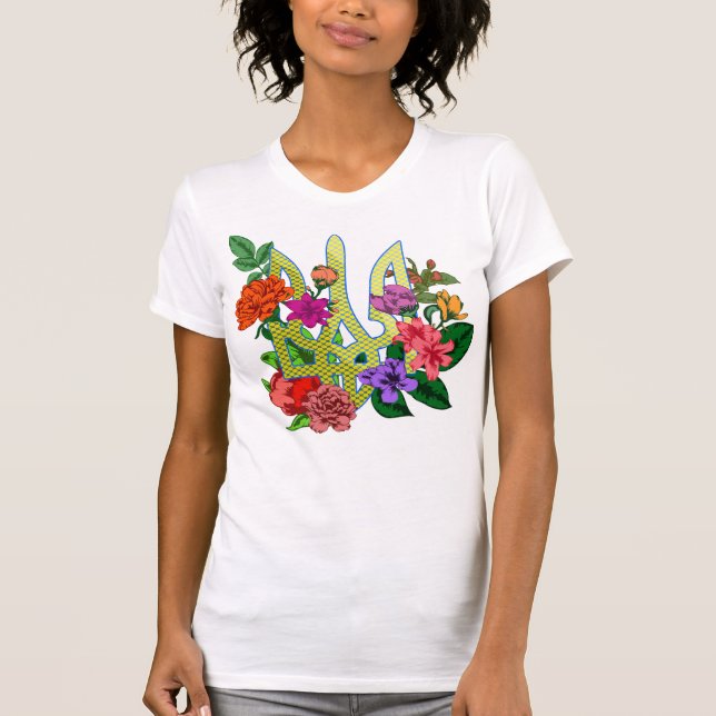Camiseta tridente tryzub de heráldica ucraniana flores flor (Anverso)