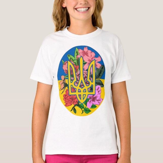 Camiseta Tridente ucraniano y bandera de Ucrania con flores (Anverso)
