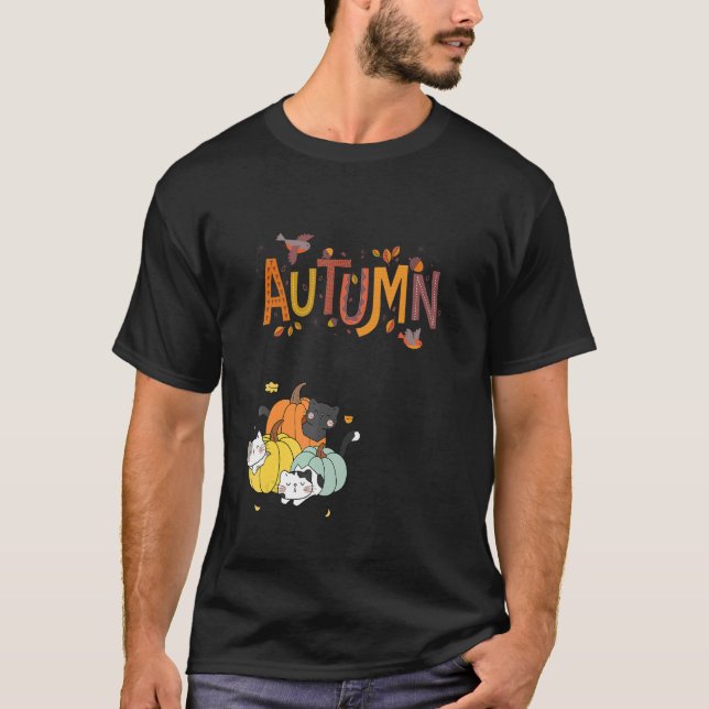 Camiseta Trio Cute Calabaza Gatos Hola Otoño (Anverso)