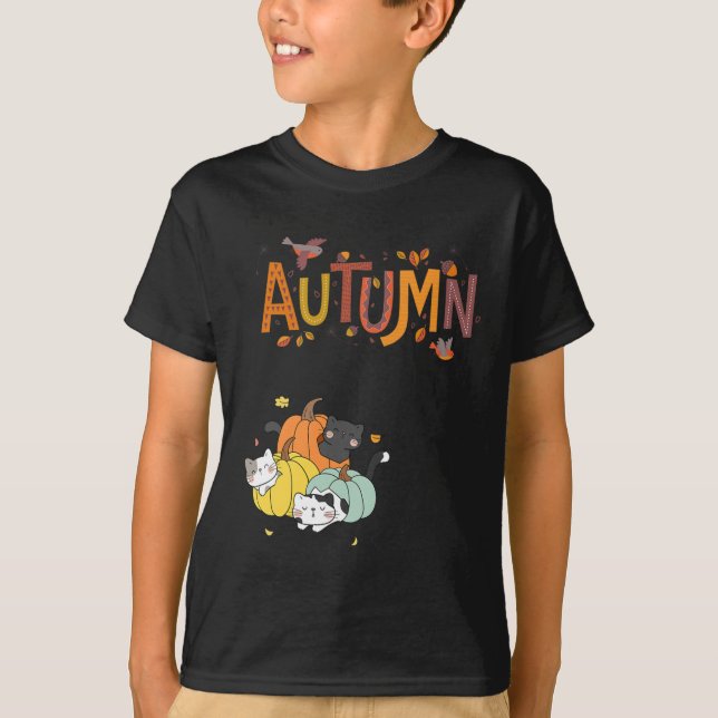 Camiseta Trio Cute Calabaza Gatos Hola Otoño Funny (Anverso)
