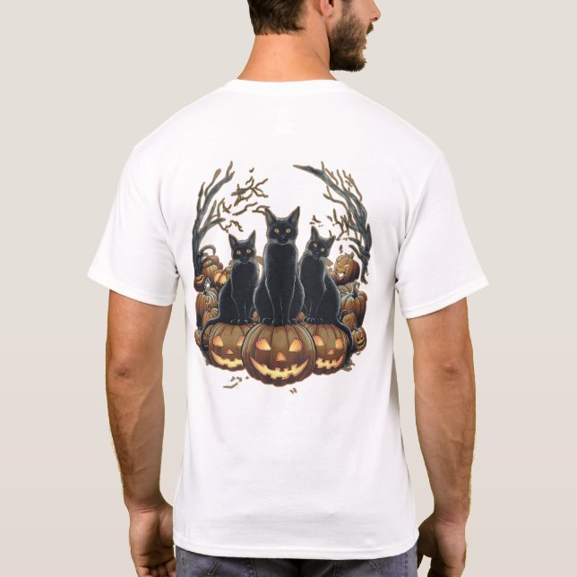 Camiseta Trío de fantasía de gatos negros sobre calabazas H (Reverso)