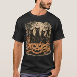 Camiseta Trío de fantasía de gatos negros sobre calabazas H