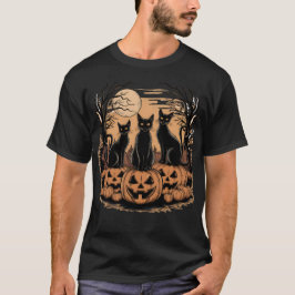 Camiseta Trío de fantasía de gatos negros sobre calabazas H