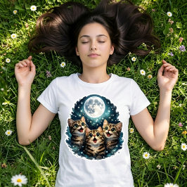 Camiseta Trío de Gatos Adorables Maullando Bajo Luna Llena 