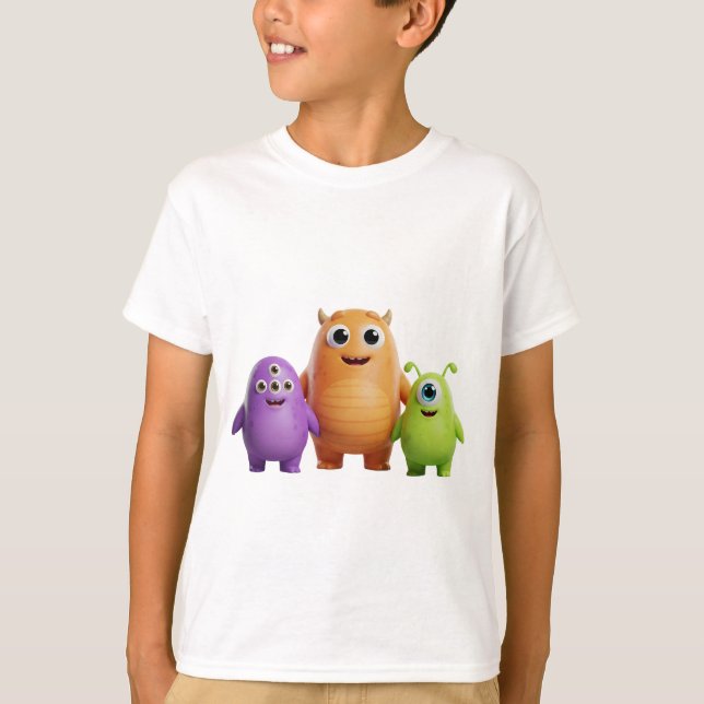Camiseta Trío de Monstruos Amigables en 3D (Anverso)