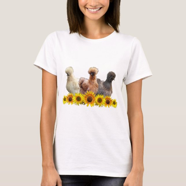 Camiseta Trío de pollo y girasoles de Silkie Bantam (Anverso)