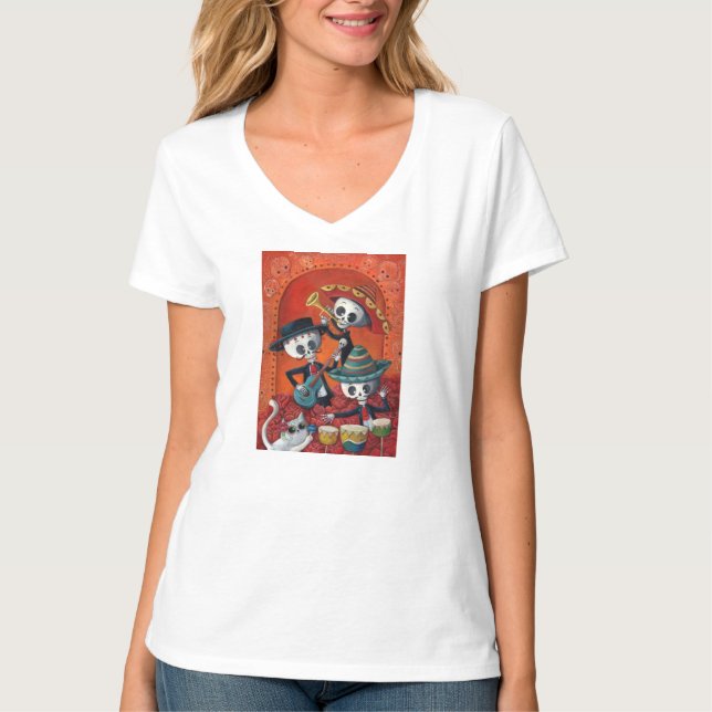 Camiseta Trío del Mariachi de Dia de Los Muertos Skeleton (Anverso)