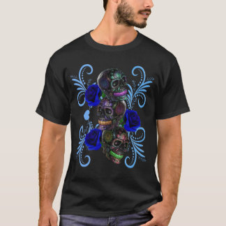 Camiseta Triple Día Negro De Cránulos Muertos Con Rosa Azul