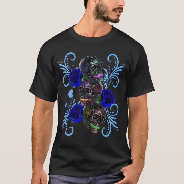 Camiseta Triple Día Negro De Cránulos Muertos Con Rosa Azul (Anverso)