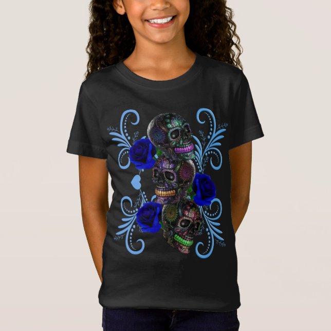 Camiseta Triple Día Negro De Los Cránulos Muertos Rosas Azu (Anverso)
