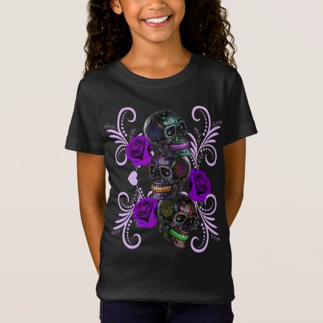 Camiseta Triple Día Negro De Los Cránulos Muertos Rosas Mor (Anverso)