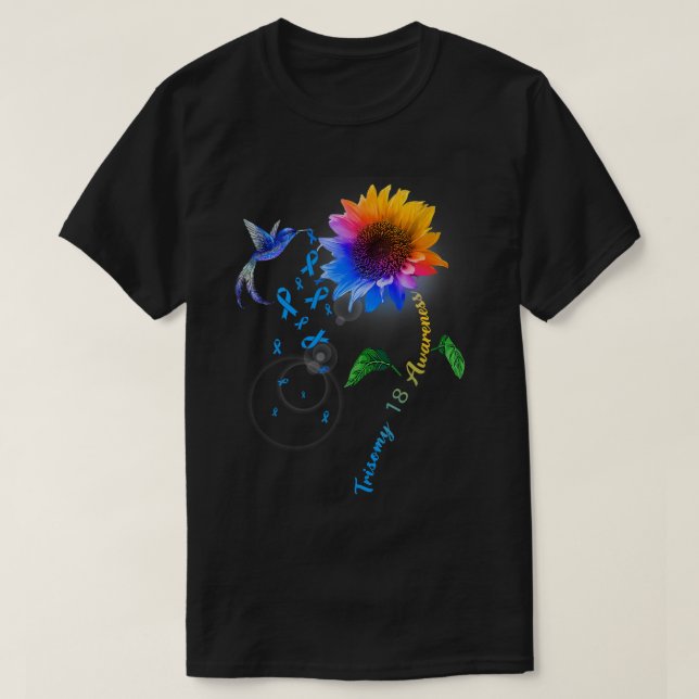 Camiseta Trisomy 18 Conciencia Blue Sunflower Hummingbird (Diseño del anverso)