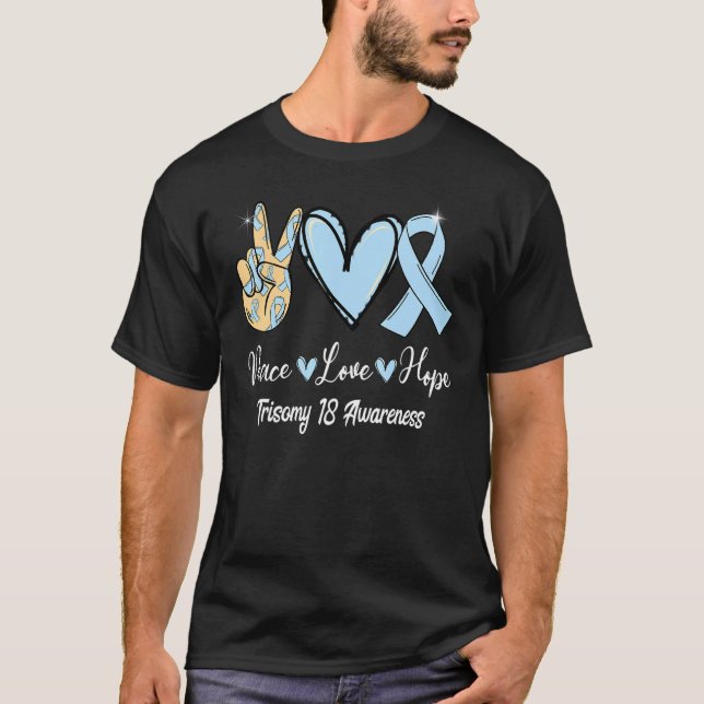 Camiseta Trisomy 18 Conciencia Paz Amor Esperanza Luz Azul  (Anverso)